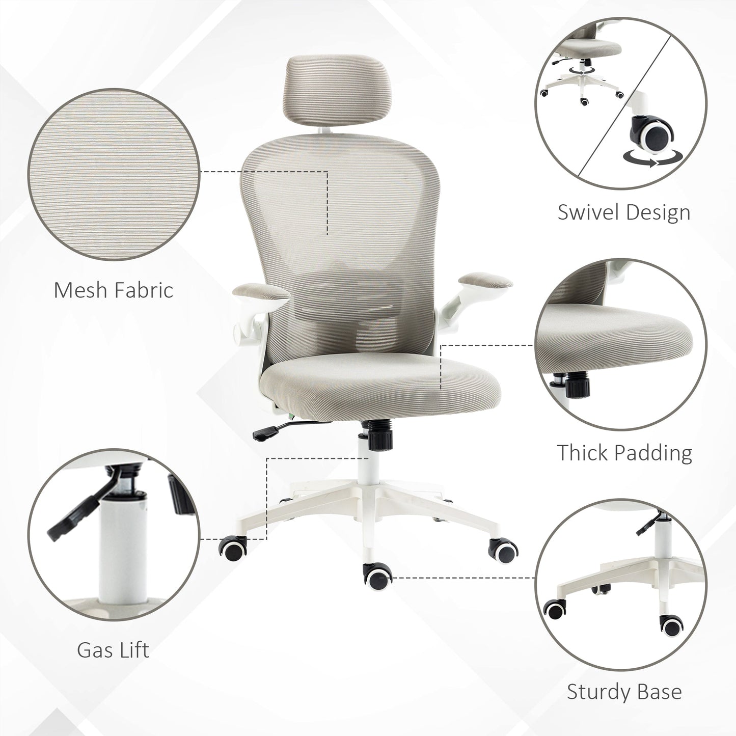 Office Chair, Mesh Computer Desk Chair with Adjustable Headrest, 4D Lumbar Support, Flip-up Arm, Grey at Gallery Canada