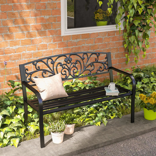 50 2-Seater Garden Bench, Outdoor Blossoming Pattern, Black Outdoor Benches Black at Gallery Canada
