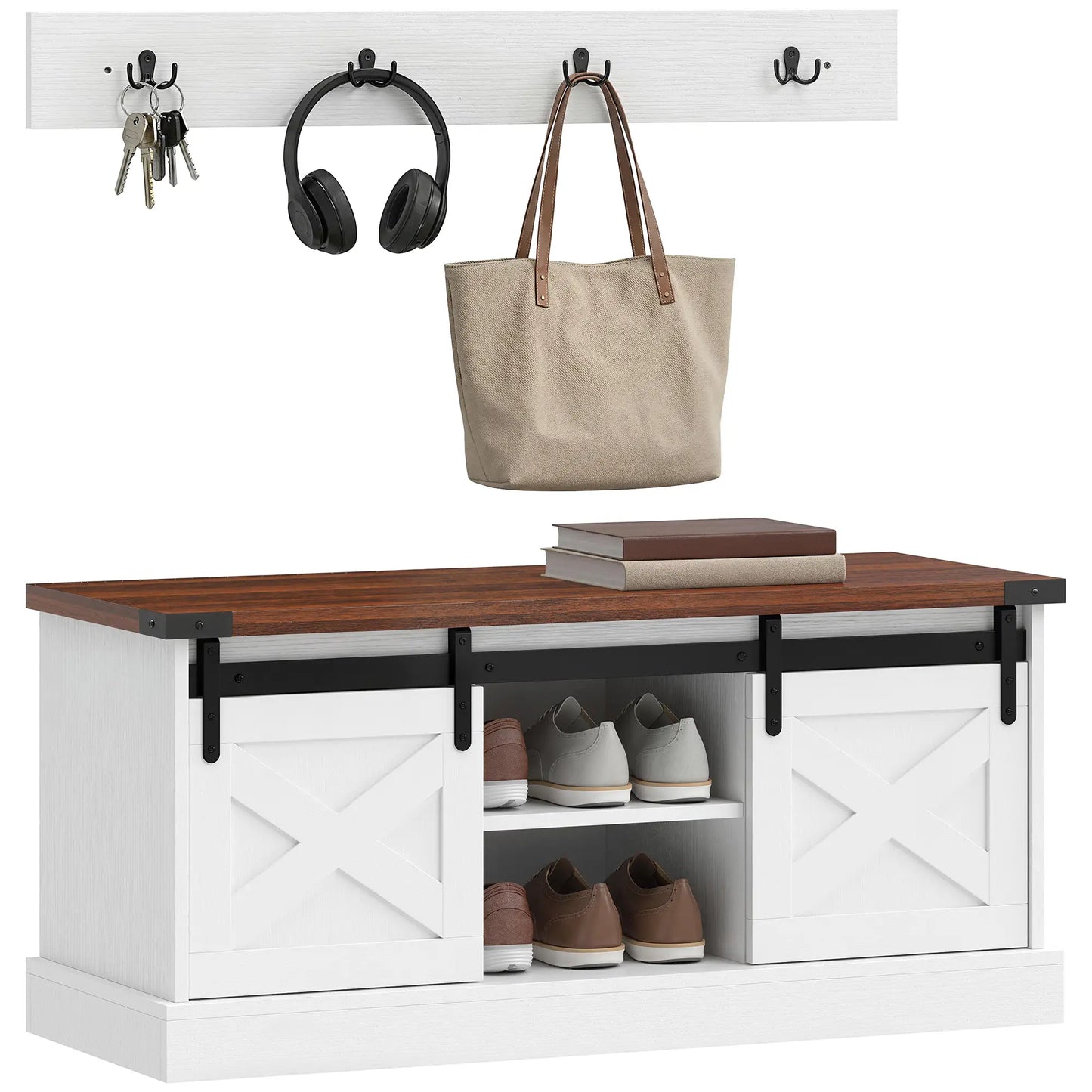 Coat Rack Shoe Bench Set, 2-Piece Hall Tree, White/Dk Walnut Shoe Storage Cabinets & Racks at Gallery Canada