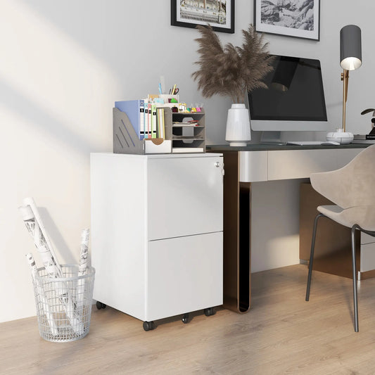 2-Drawer Steel Filing Cabinet on Wheels, Lockable, Adjustable Hanging Bar, White