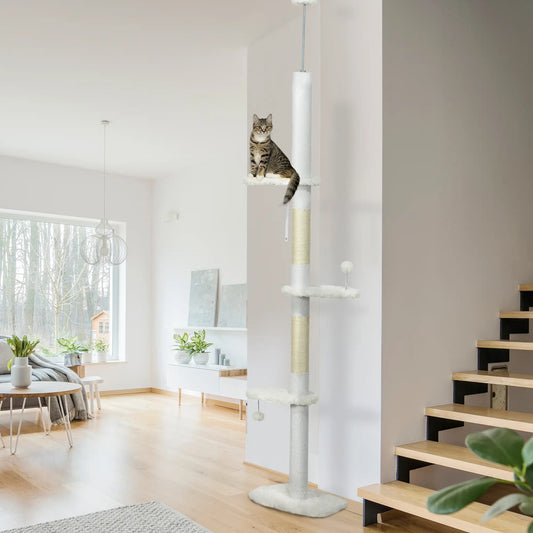 88.5"-100.5" Floor to Ceiling Cat Tree, Scratching Posts, Cloud Platforms, Dangling Balls, White Floor to Ceiling Cat Trees White at Gallery Canada