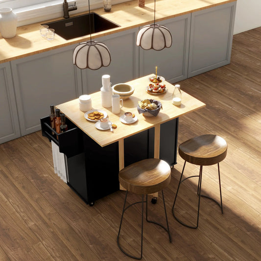 Rolling Kitchen Cart, Drop Leaf, 3 Drawers, Solid Wood Top, Towel Rack, Black Kitchen Islands & Kitchen Carts Black, Natural at Gallery Canada