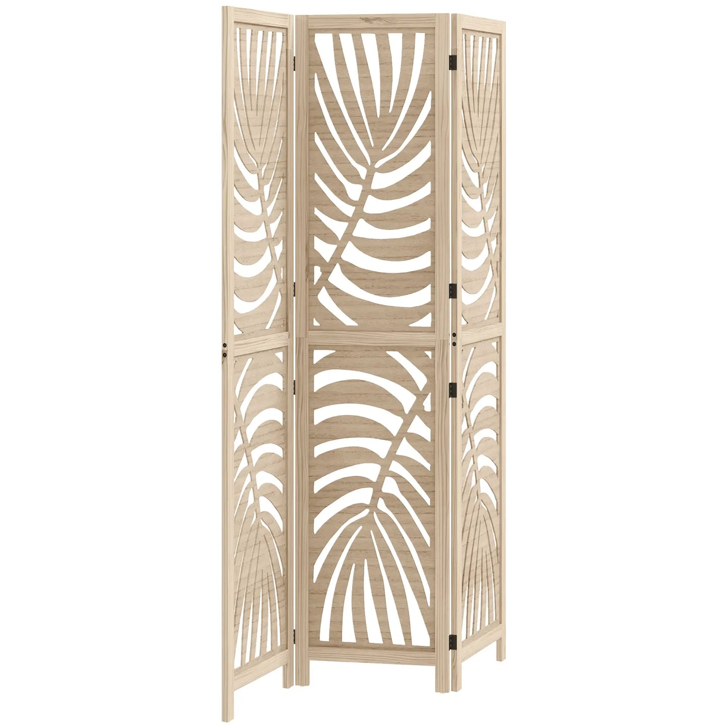 3 Panel Room Divider, Detachable Folding Privacy Screen, Palm Leaf Design, Natural Wood Finish Room Dividers at Gallery Canada