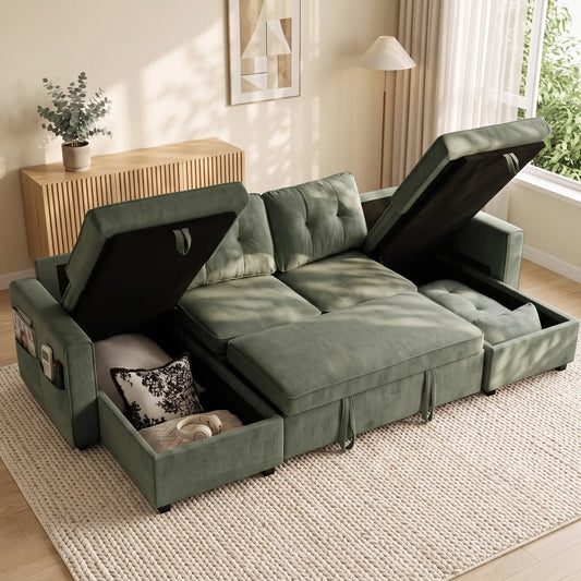 U Shaped Sectional Sofa Bed, 113 Inches, Green 3-Seater Sofas Green at Gallery Canada