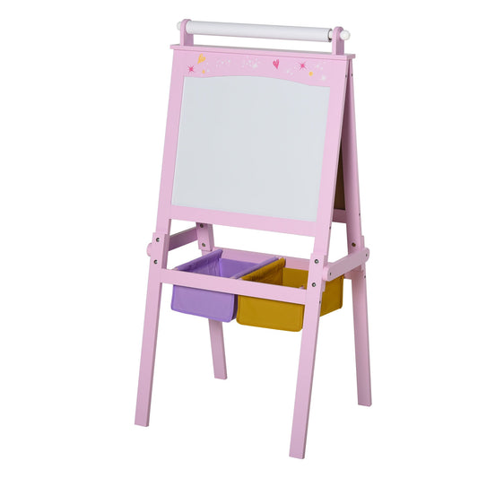 3 In 1 Kids Wooden Art Easel with Paper Roll Double-Sided Chalkboard &; Whiteboard with Storage Baskets Gift for Toddler Girl Age 3 Years+ Pink - Gallery Canada