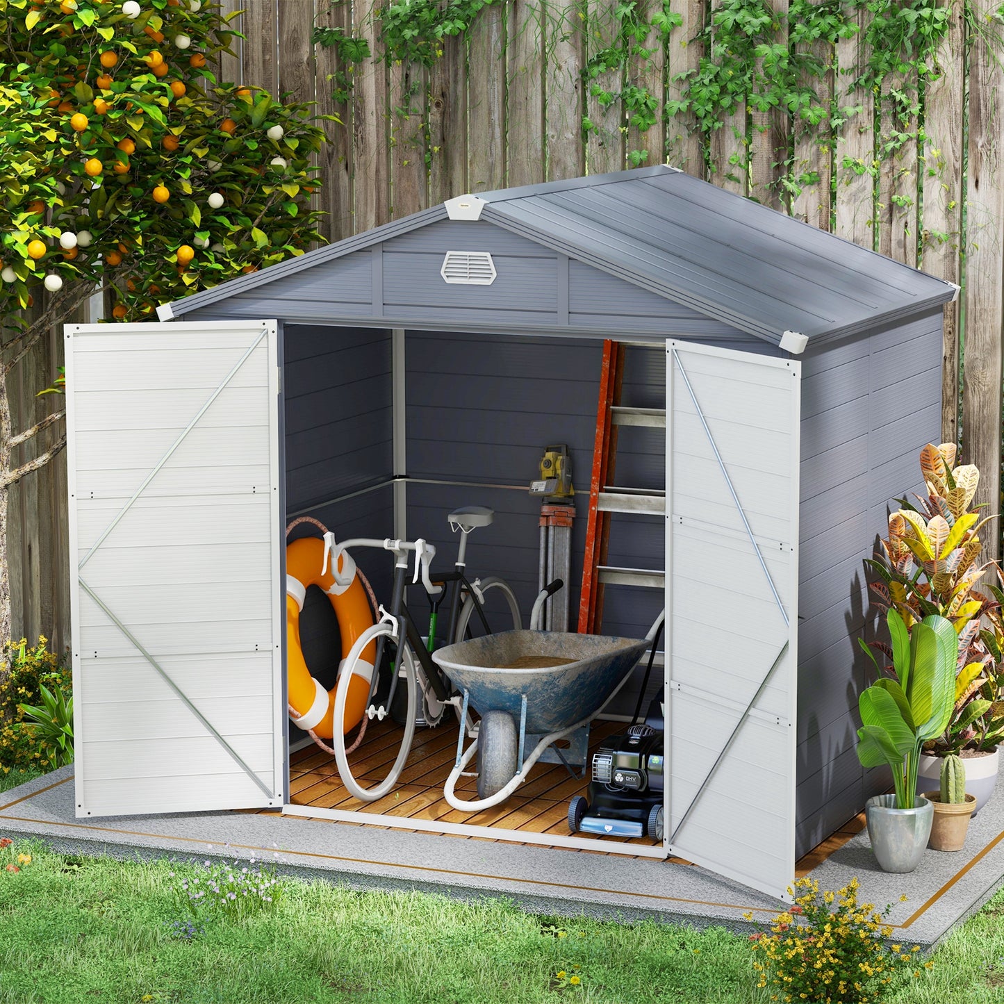 8' x 6' Garden Storage Shed with Latch Door, Vents, Sloped Roof, PP, Grey at Gallery Canada