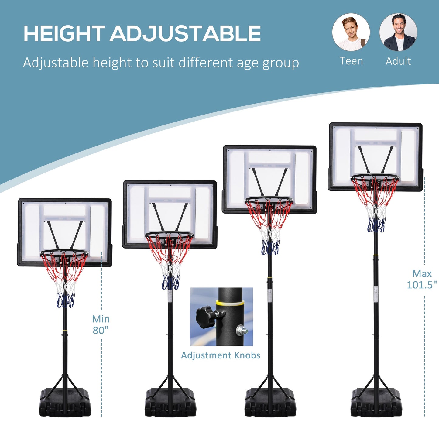61"- 82.75"H Basketball Stand and Hoop Backboard Adjustable w/ Wheels For Kids Youth Outdoor at Gallery Canada