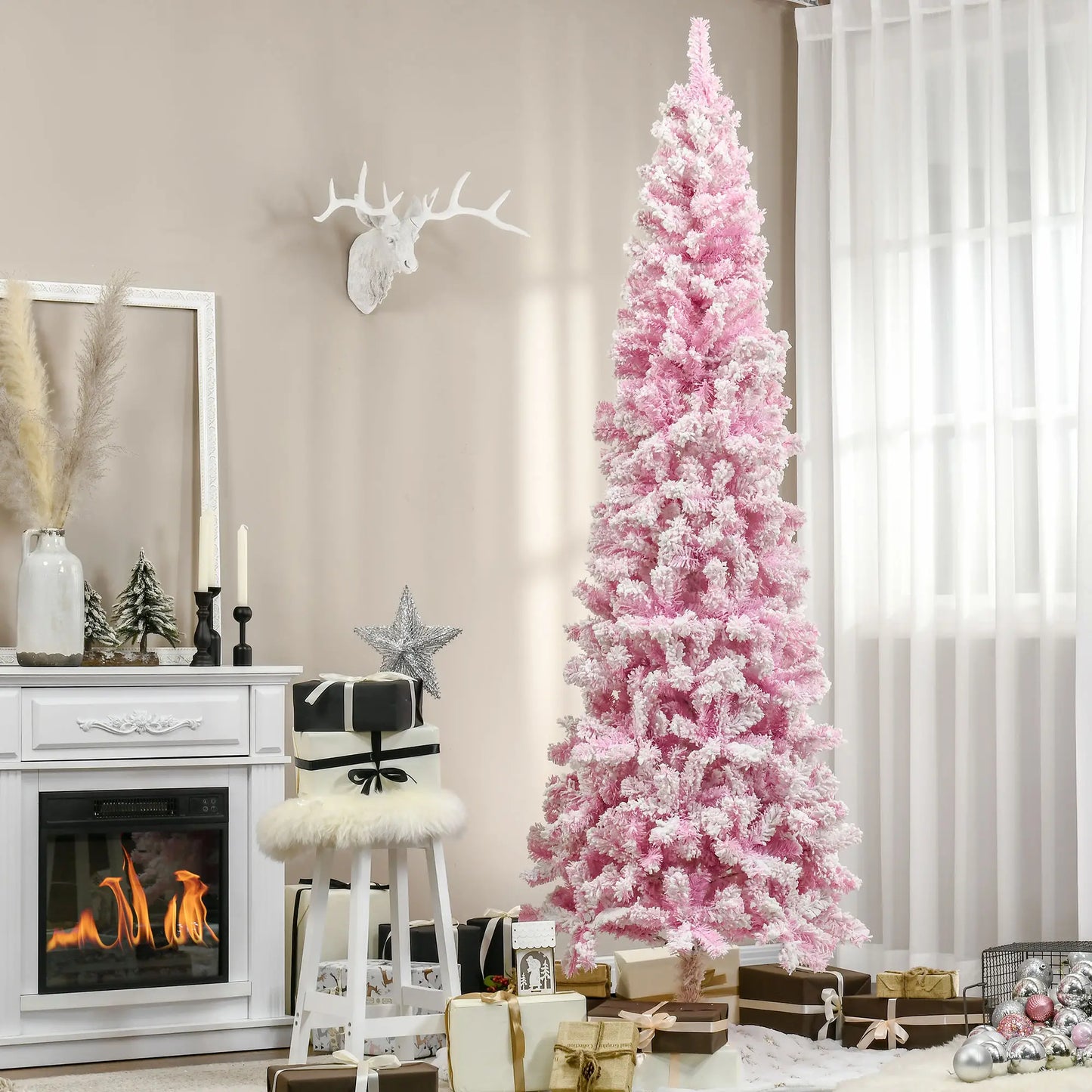 7.5 FT Snow Flocked Artificial Christmas Tree, Pencil Design, Pink Pencil Christmas Trees at Gallery Canada