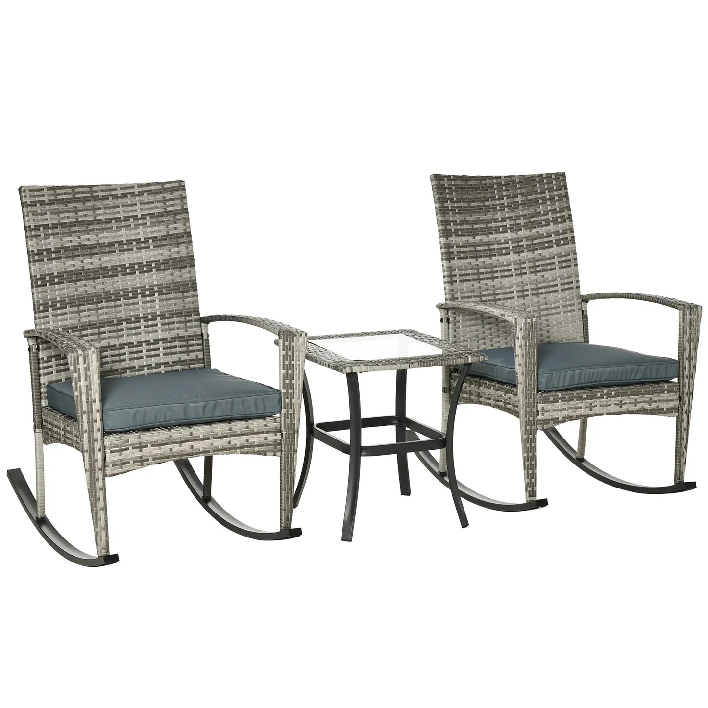3-Piece Patio Wicker Rocking Chair Set, Outdoor PE Rattan, 2 Chairs 1 Table, Grey