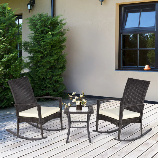 3-Piece PE Rattan Rocking Chair Set, Outdoor Patio Furniture, Dark Grey Outdoor Rocking Chairs Dark Grey Wicker, Cream White Cushion at Gallery Canada