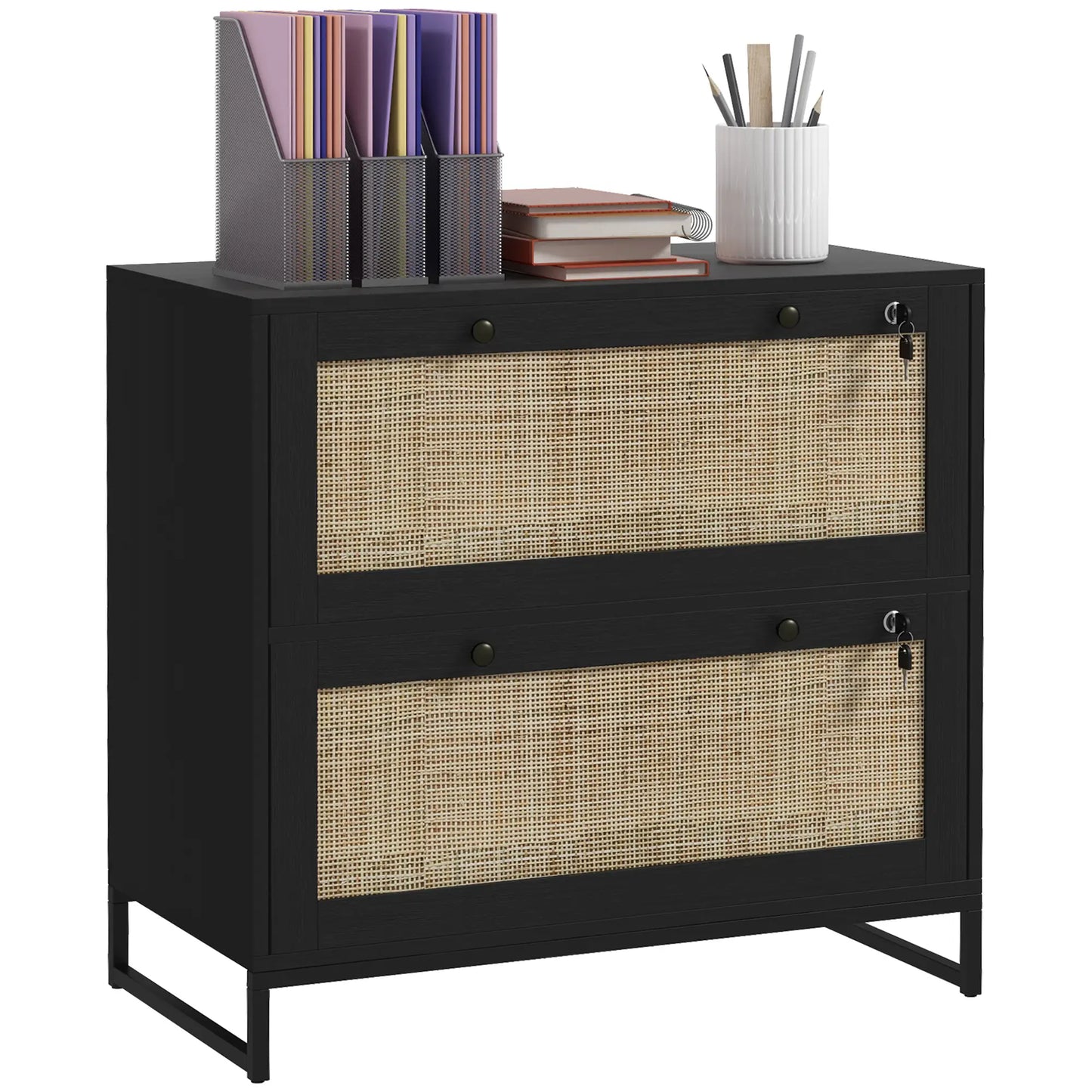 2-Drawer Filing Cabinet with Lock, Rattan, Adjustable Hanging Bar, Black Office Cabinets & Cupboards at Gallery Canada