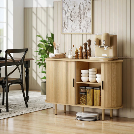 47" Buffet Cabinet, Fluted Sideboard with Sliding Doors, Oak, Oak Storage Cabinets Oak, Black at Gallery Canada