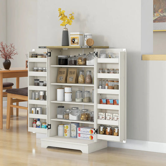 Farmhouse Kitchen Pantry Cabinet, Adjustable Shelves, White Cream Kitchen Pantry Cabinets Cream White Wood Grain, Retro Brown at Gallery Canada
