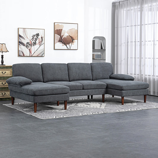 U Shape Couch, Double Chaise Lounge, 4 Seater Sofa, Wooden Legs, Dark Grey 3-Seater Sofas Dark Grey, Brown at Gallery Canada