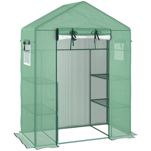 Walk-in Mini Greenhouse with Mesh Door &; Windows, Portable Garden Green House with 3 Tier Shelves, Water &; UV Resistant PE Cover, Green