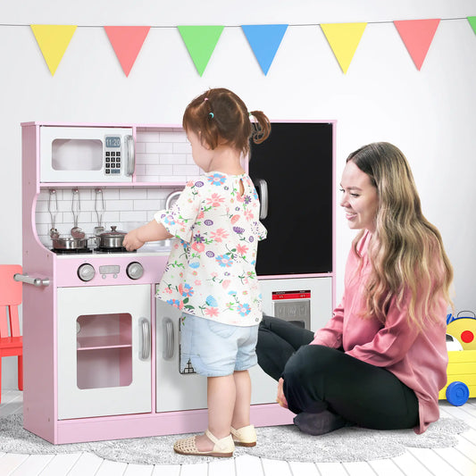 Kids Play Kitchen with Chalkboard, Ice Maker, Sink, Microwave