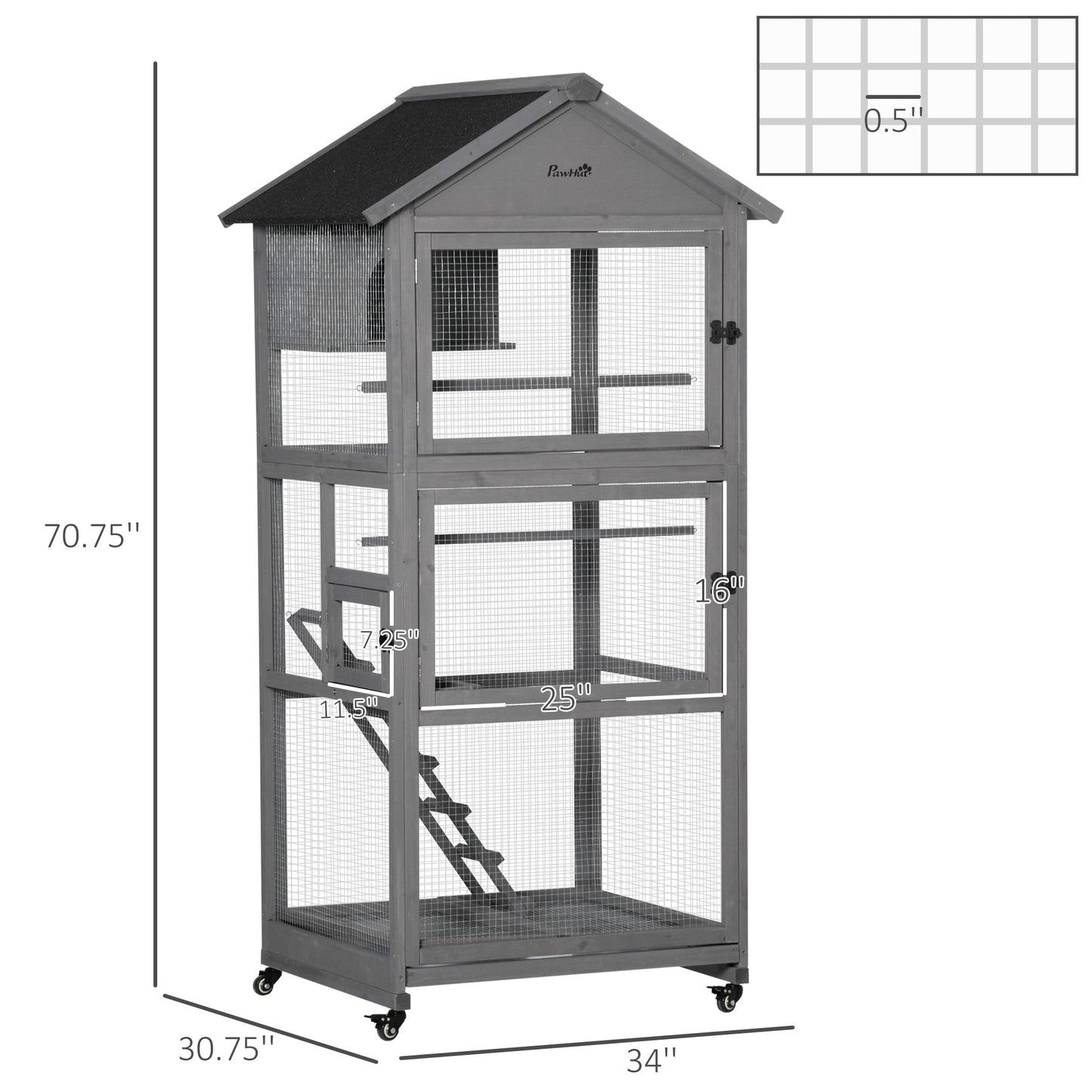 71" Bird Cage Large Mobile Wooden Aviary for Canary Cockatiel with Wheel Perch Nest Ladder Slide-out Tray for Indoor Outdoor Dark Grey at Gallery Canada