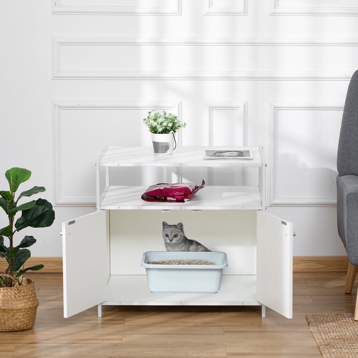 Cat Litter Box Enclosure Hidden Cat Furniture Cabinet Indoor Cat Washroom Double-door Nightstand End Table with Cat Hole Storage Shelf White at Gallery Canada