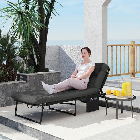 Folding Lounge Chair, 4-Level Reclining Back, Dark Grey Lounger Chairs Dark Grey, Black at Gallery Canada