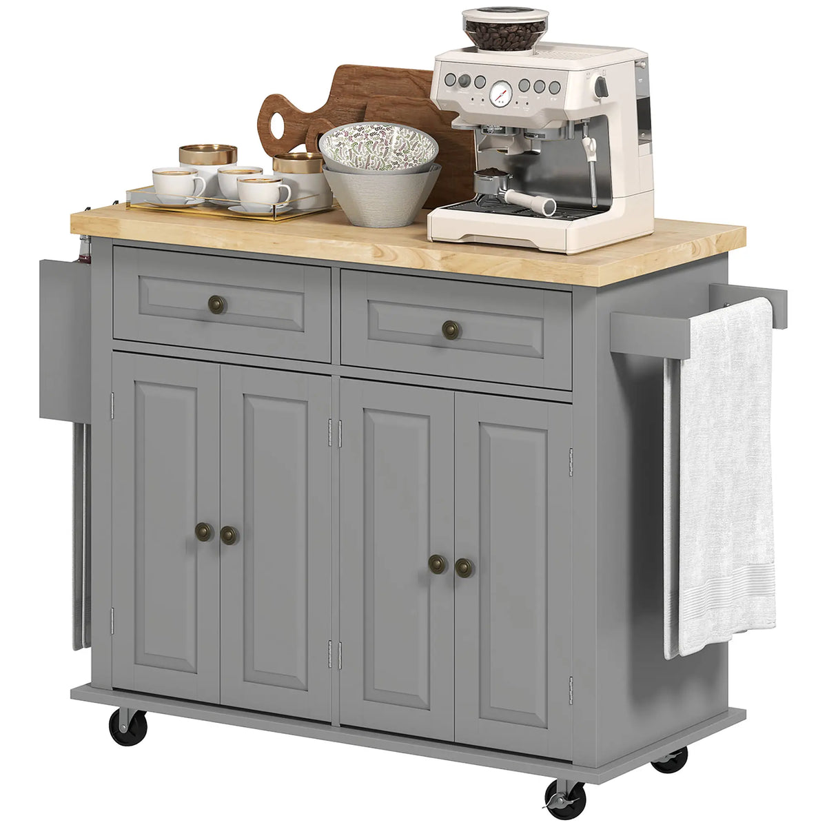 Îlot de cuisine avec rangement, chariot roulant, plateau en bois de caoutchouc, gris
