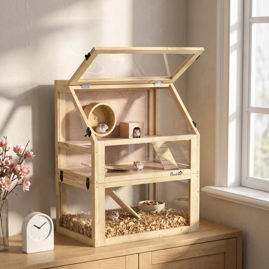 Wooden Hamster Cage, 3 Tier Gerbil Cage, 24" x 16" x 29.5", Hut, Seesaw, Wheel Hamster Cages Natural at Gallery Canada