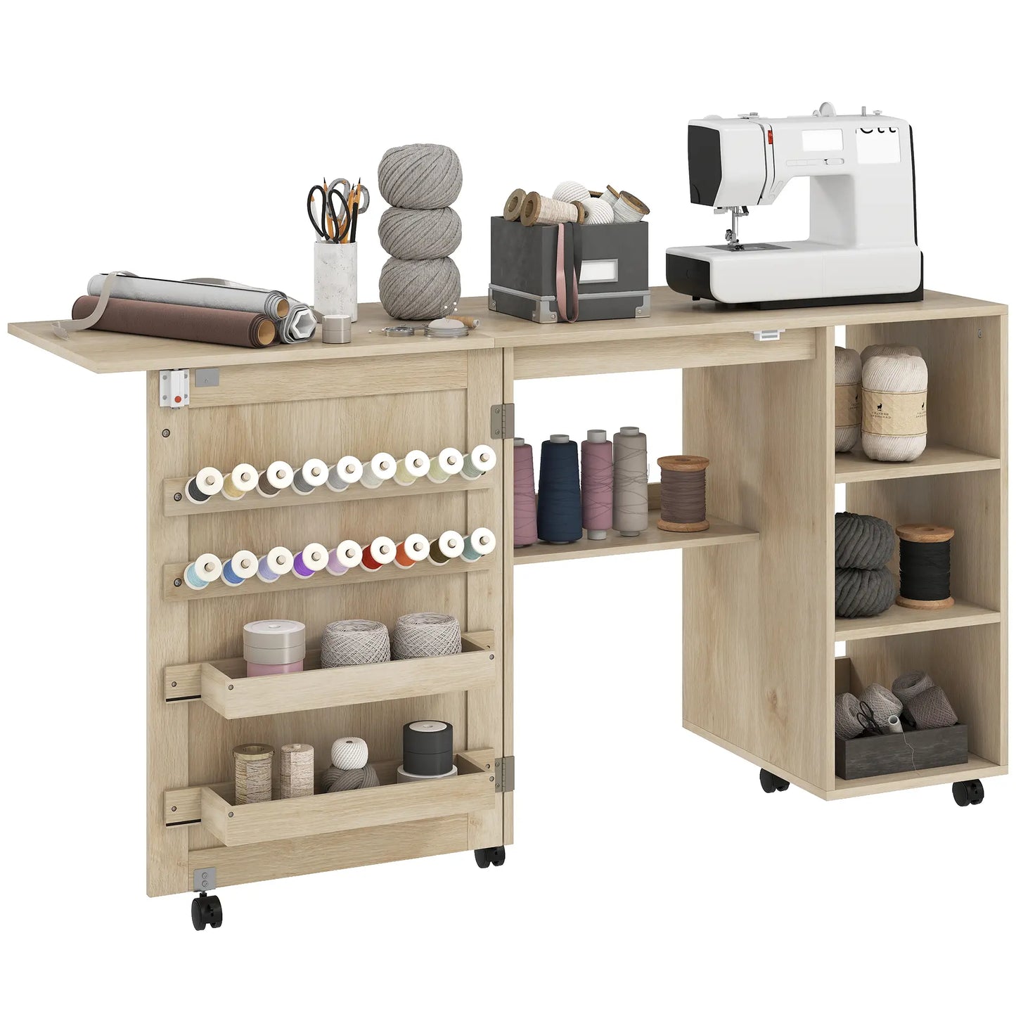 Sewing Machine Table with Drop Leaf, Rattan Door, Storage Shelves, Natural Storage Cabinets at Gallery Canada