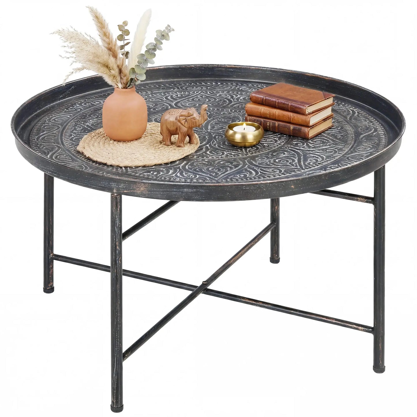 Vintage Coffee Table, 24" Round, Hammered Tray Top, Metal Frame, Pewter Coffee Tables at Gallery Canada