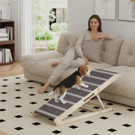 Foldable Dog Ramp For Couch, 4 Adjustable Height 16" to 23.5" Dog Stairs Natural, Grey at Gallery Canada