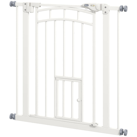 Auto-Close Pet Gate, Stair Gate with Cat Door, Double Locking for Doorways Hallways Stairs, Fits 29"-31.5" Wide, White - Gallery Canada