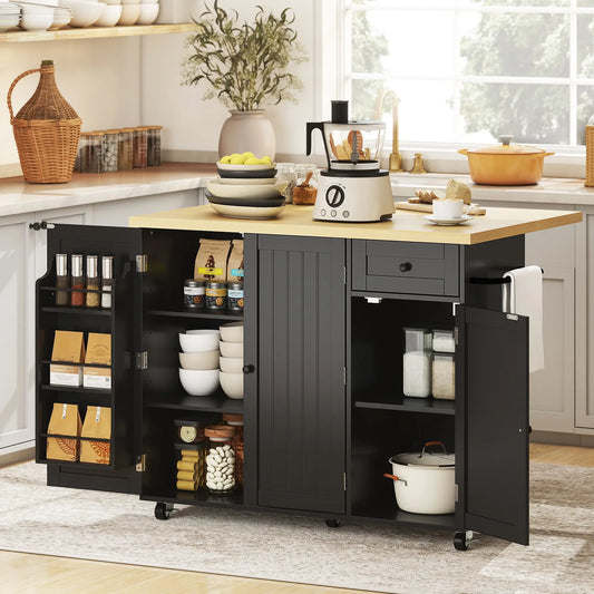 Kitchen Island Cart With Drop Leaf, Drawer, Rack, Black Kitchen Islands & Kitchen Carts Black, Natural at Gallery Canada