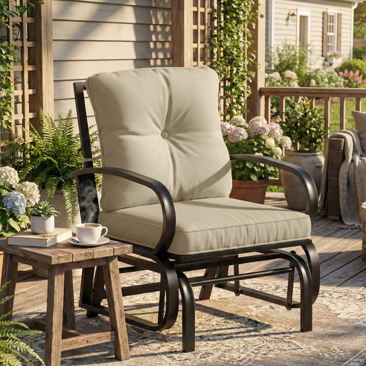 Patio Glider Chair With Cushions, Steel Frame, Curved Armrests, Beige Outdoor Gliders Black, Beige at Gallery Canada