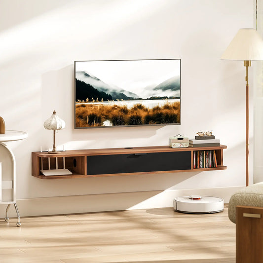 55 Inch Floating TV Stand, Wall Mounted Media Console, Walnut TV Stands Walnut, Black at Gallery Canada