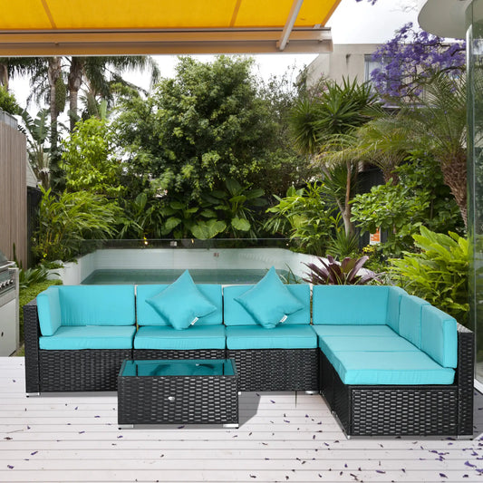 7-Piece Outdoor Wicker Sectional Sofa, Deep Coffee, Light Blue Patio Furniture Sets Deep Coffee Rattan, Light Blue Fabric at Gallery Canada