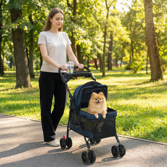 Foldable Pet Stroller for Small Dogs and Cats with 4 Wheels, Mesh Windows, Brake, Removable Pad, Storage Tray, Dark Blue Dog Bike Trailers & Strollers Dark Blue, Black at Gallery Canada