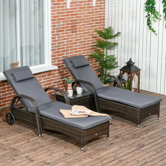 3-Piece Wicker Patio Lounger Set, PE Rattan, Brown/Dark Grey Chaise Loungers Brown Rattan, Grey Cushion at Gallery Canada