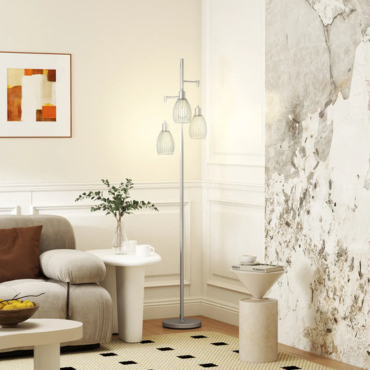 Industrial Floor Lamp, 3 Hanging Wire Lampshades, Dimmable, Silver Floor Lamps & Ceiling Fan Lights Silver at Gallery Canada