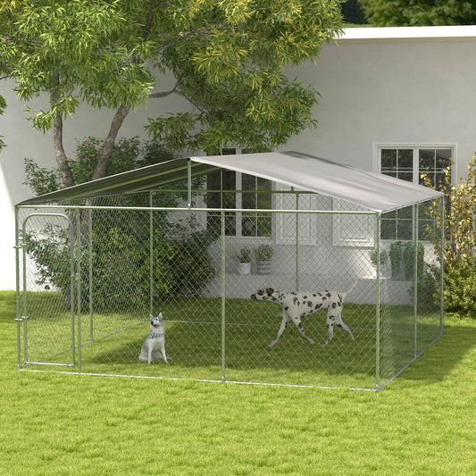 Outdoor Dog Kennel, Heavy Duty Playpen, 13.1' x 13.1' x 7.5' Houses, Kennels & Pens Silver at Gallery Canada