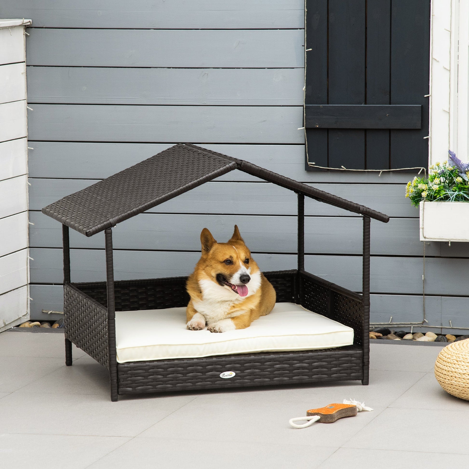 Elevated Rattan Dog House Outdoor with Canopy, Wicker Dog Bed with Water-Resistant Cushion, for Small and Medium Dogs Cream White at Gallery Canada