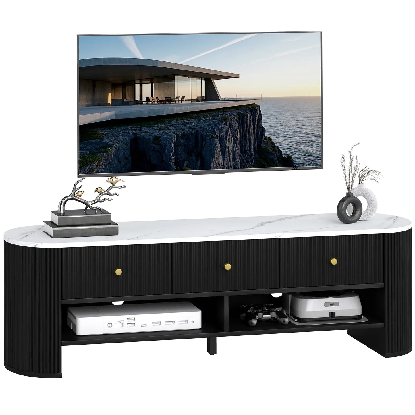 Modern TV Stand, Marble-Effect Top, 3 Drawers, 2 Shelves, 32-65 Inch, Black TV Stands at Gallery Canada