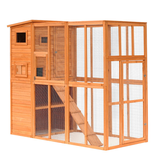 Large Wooden Outdoor Cat House with Large Run for Play, Catio for Lounging, and Condo Area for Sleeping, Natural - Gallery Canada
