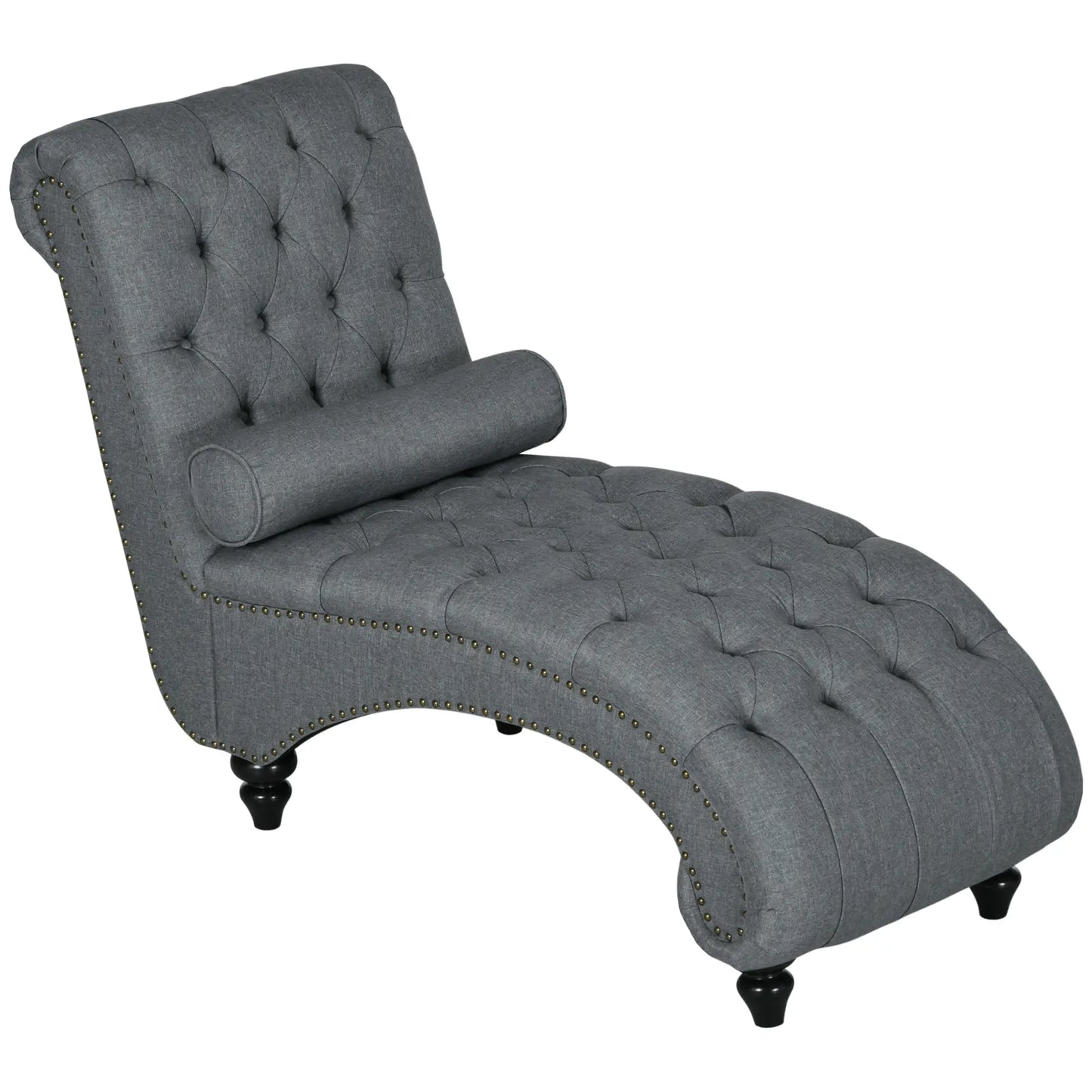Button Tufted Chaise Lounge Chair, Upholstered with Bolster Pillow, Wood Legs, Nailhead Trim, Grey Single Sofas at Gallery Canada