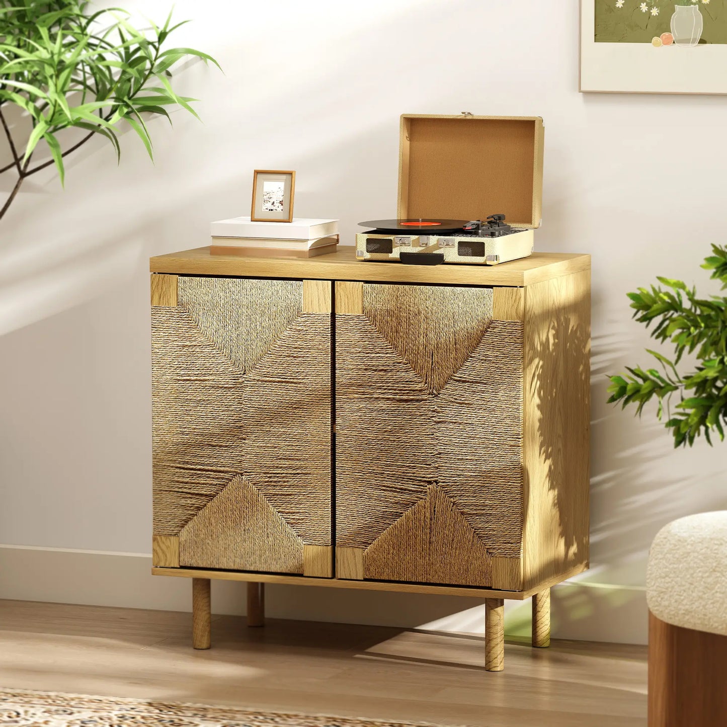Handwoven Rope Accent Cabinet, Boho Sideboard, Push to Open Doors, Adjustable Shelf Storage Cabinets at Gallery Canada