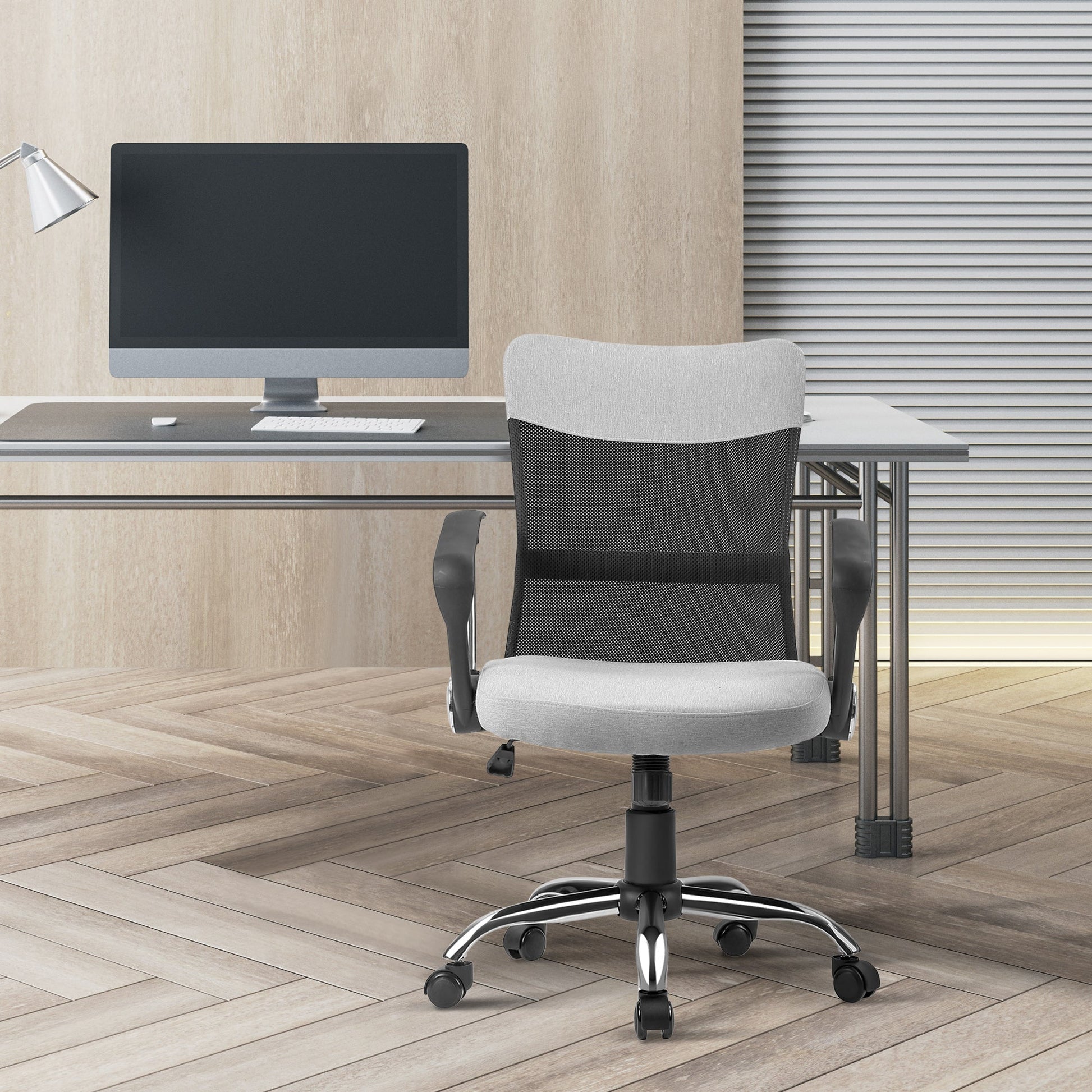Ergonomic Office Chair, Mid Back Mesh Chair with Armrests, Adjustable Height, Grey and Black at Gallery Canada