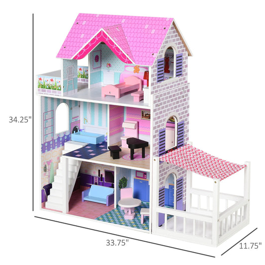 2.9ft Kids Wooden Dollhouse Dreamhouse Villa with Patio Dollhouse with Furniture Accessories Kit for Toddler Girls Multi-level House for Children Pink - Gallery Canada