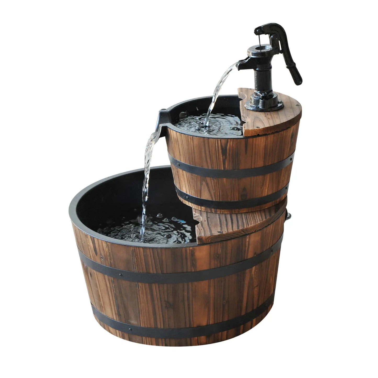 2-Tier Wooden Barrel Water Fountain, Electric Pump, Outdoor Indoor Decor Water Fountains at Gallery Canada