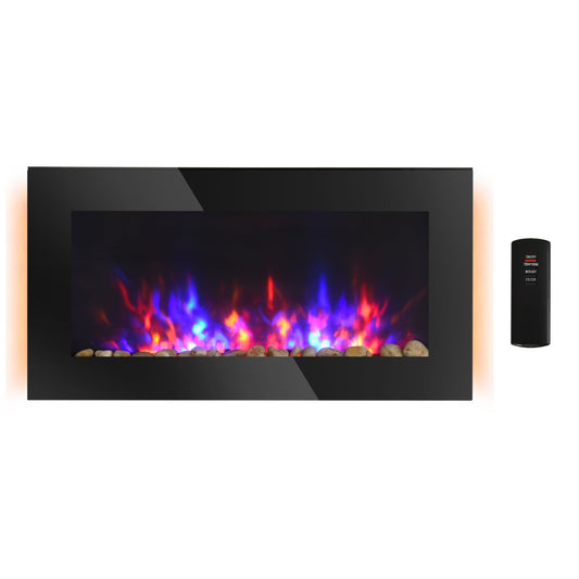 36" Wall-Mounted Electric Fireplace, 750/1500W Fireplace Heater with Flame Effect, 7 Color Background Light and Side Light, Black - Gallery Canada