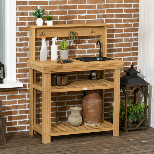 Outdoor Potting Bench with Faucet, Removable Sink, Hooks, Storage Shelves Potting Benches & Tables Yellow at Gallery Canada