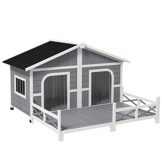 59"x64"x39" Wood Dog House Outdoor Cabin-Style Elevated Pet Shelter with Porch Deck, Grey - Gallery Canada