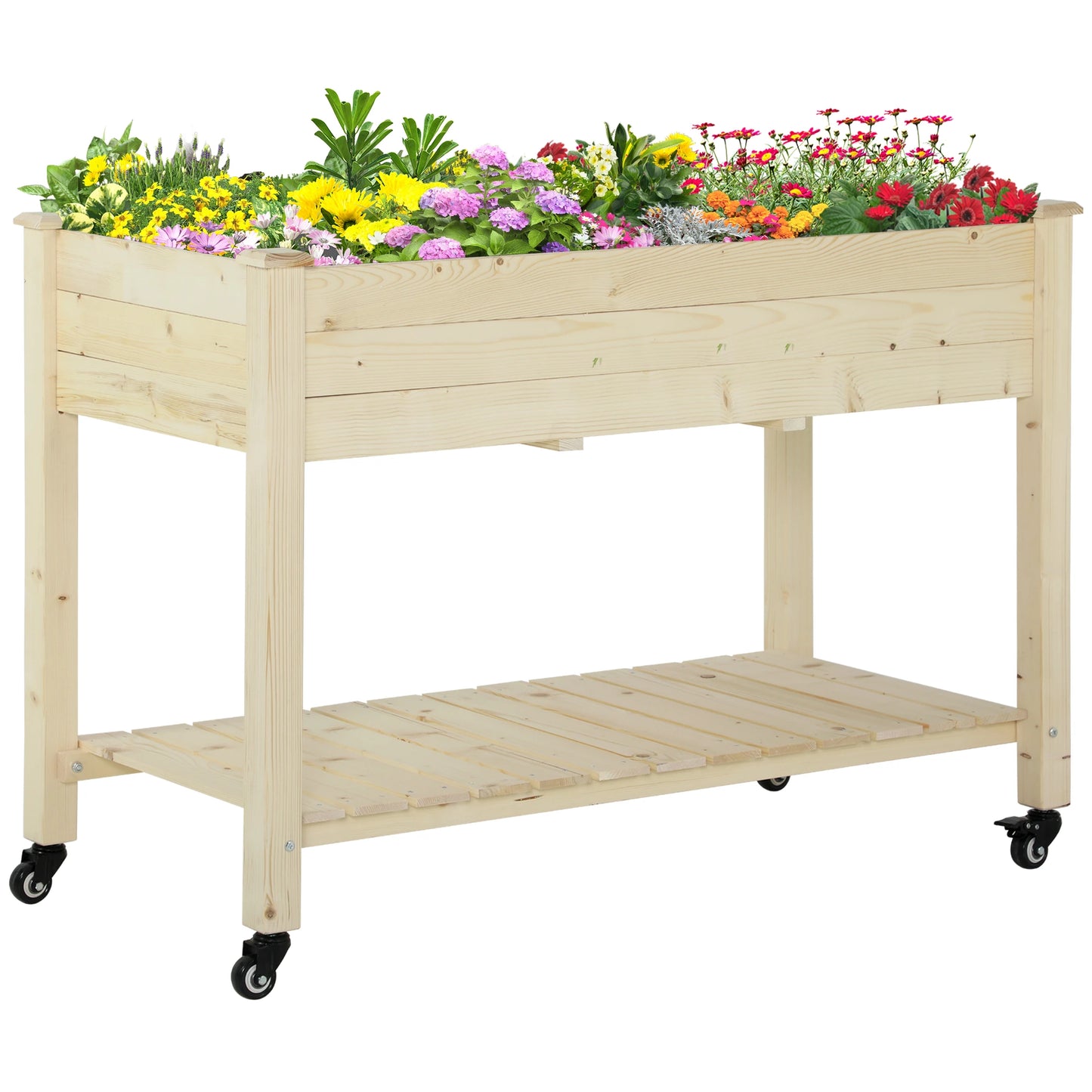 Lit de Jardin surélevé Mobile, Bac à Plantes en Bois avec Roues, Étagère de Rangement, Naturel