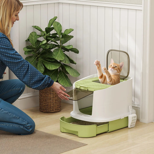 Litière pour chat fermée avec couvercle, pelle, entrée par le haut, sacs désodorisants, type tiroir, vert